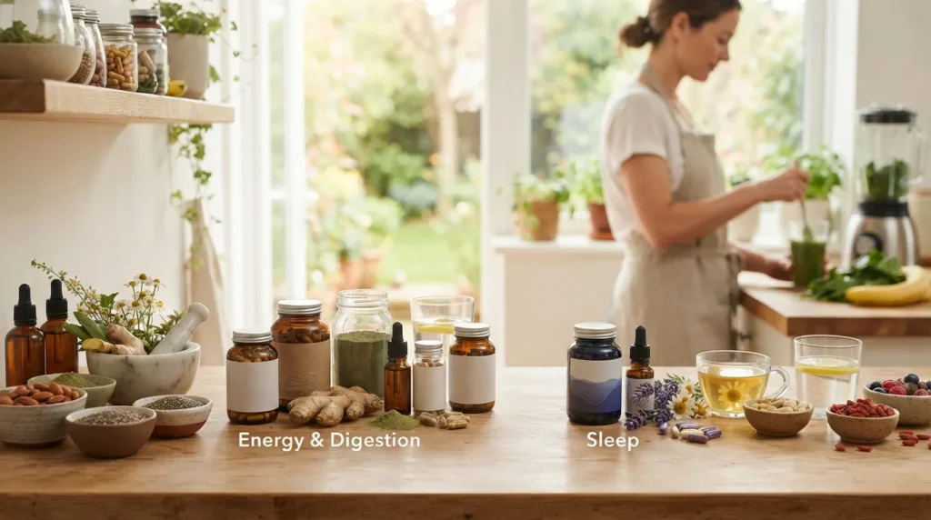 A wide editorial photograph about nutritional supplements for energy, digestion, and sleep.