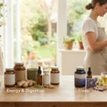 A wide editorial photograph about nutritional supplements for energy, digestion, and sleep.