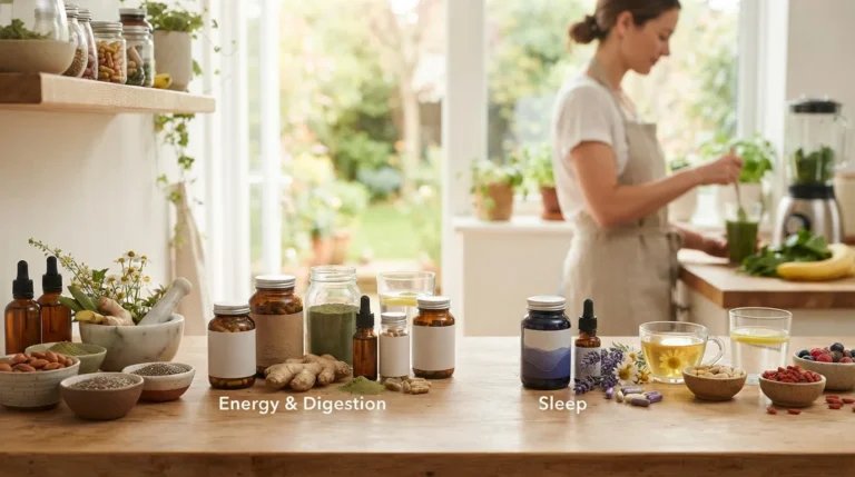 A wide editorial photograph about nutritional supplements for energy, digestion, and sleep.