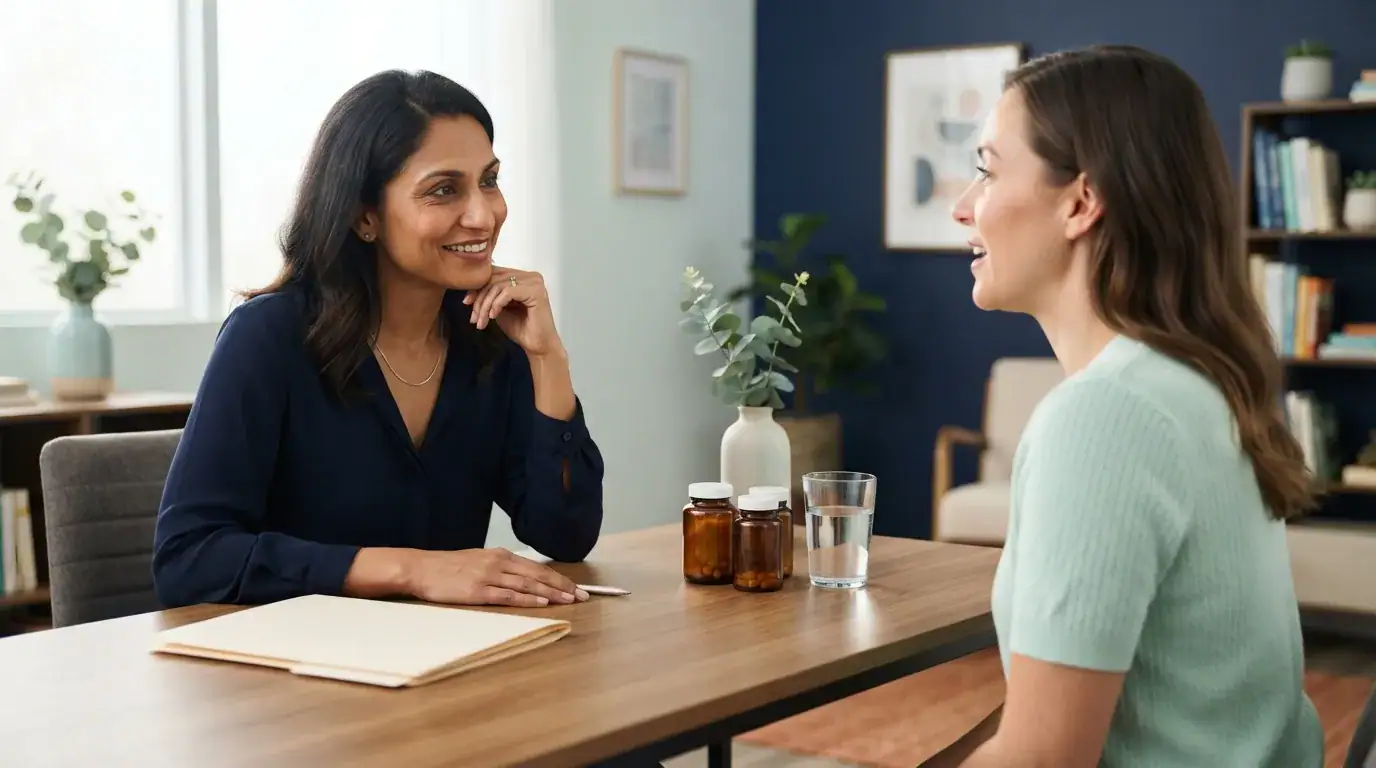 A naturopathic clinician listens to an adult patient across a desk with supplement bottles, a folder and water nearby.