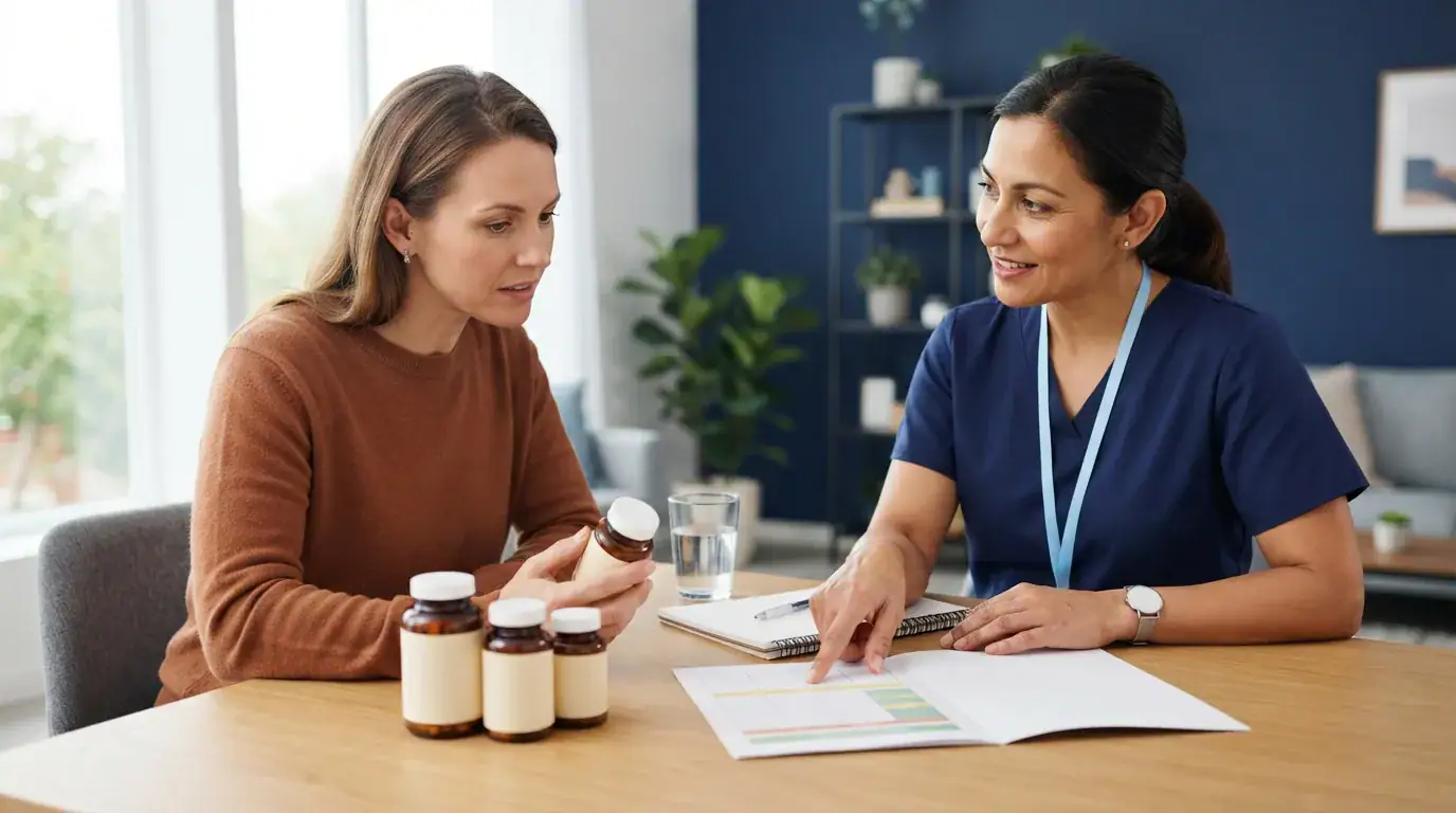A clinician and patient review a nutrition plan beside a chart, notebook, and plain supplement bottles.
