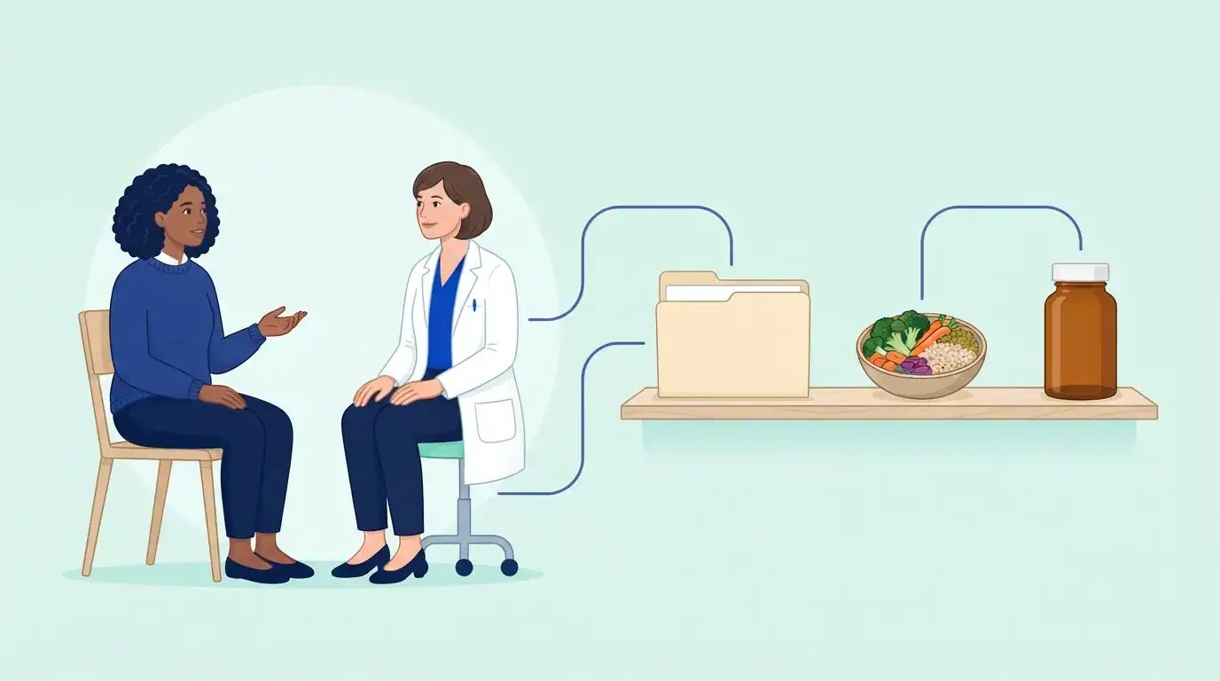 A patient talks with a clinician beside a lab folder, a bowl of food and a supplement bottle.