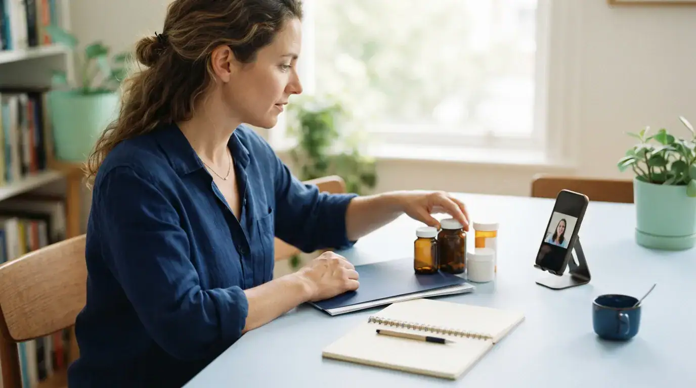 An adult arranges plain medicine and supplement bottles beside a phone, a closed folder, and a blank notebook.